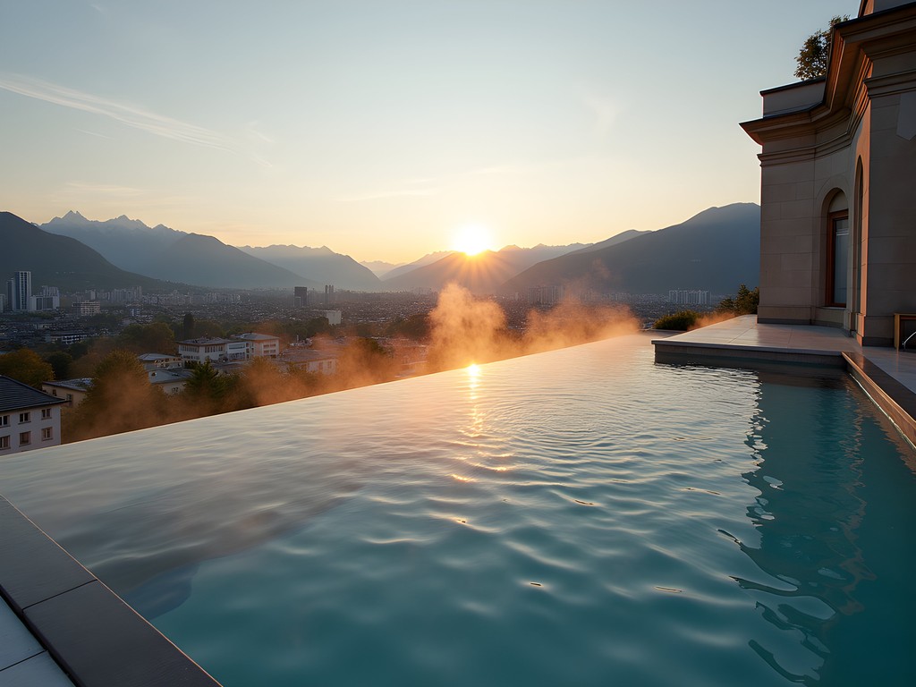 Rooftop thermal pool in Zurich with city views and business traveler