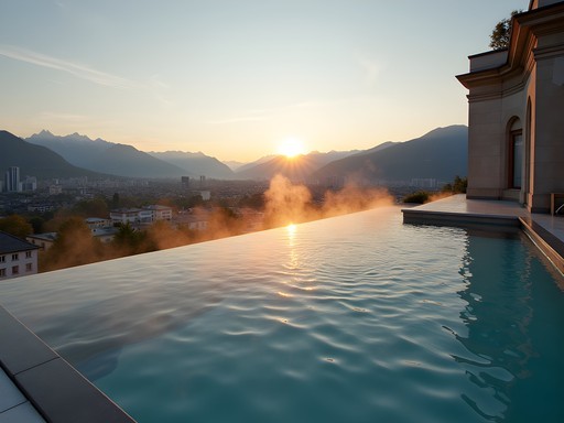 Rooftop thermal pool in Zurich with city views and business traveler
