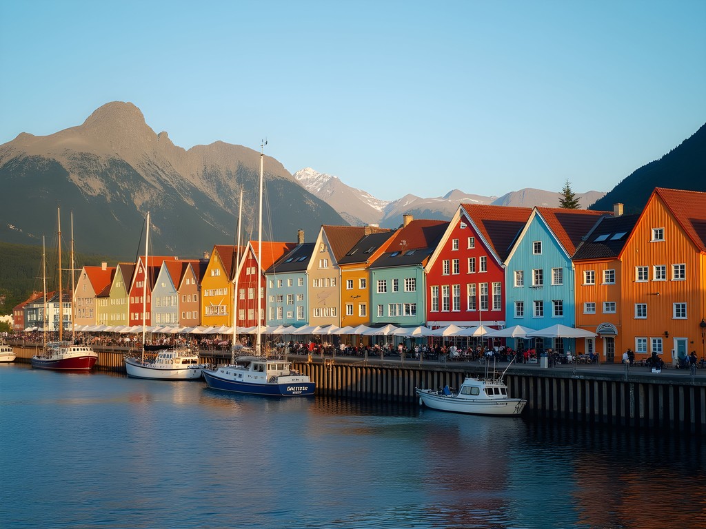 Colorful Art Nouveau buildings along Alesund's harbor with mountains in background