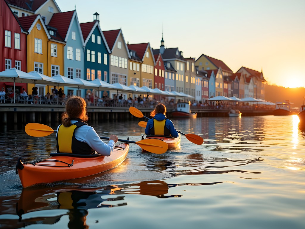 Kayaking in Alesund harbor with Art Nouveau buildings in background during sunset