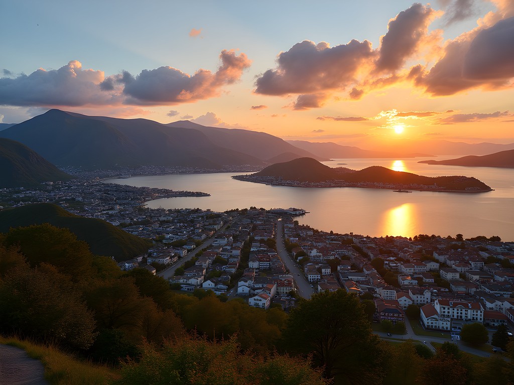 Panoramic view of Alesund from Mount Aksla viewpoint during sunset