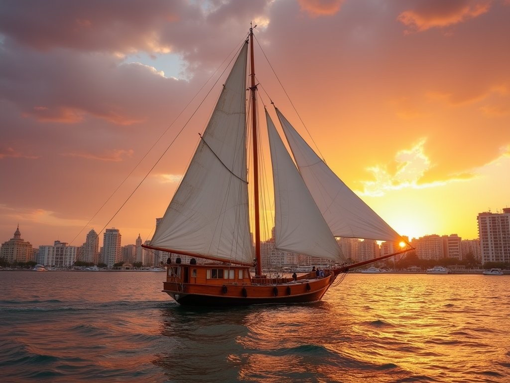 Traditional Egyptian felucca sailboat on Mediterranean waters at sunset with Alexandria skyline