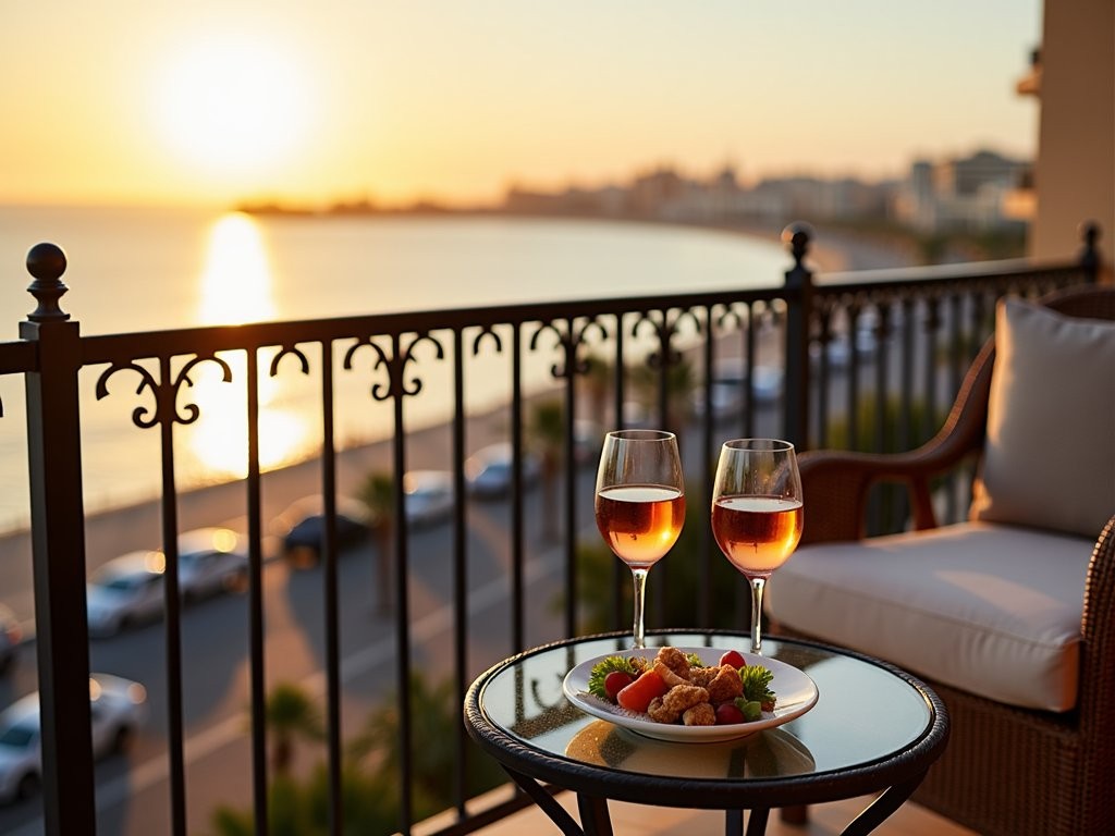 Hotel balcony view of Alexandria's Mediterranean coastline at sunset