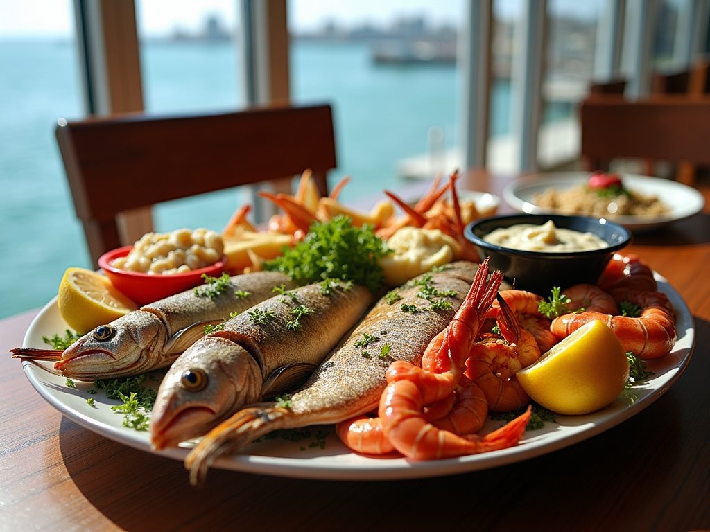 Fresh Mediterranean seafood feast at waterfront restaurant in Alexandria