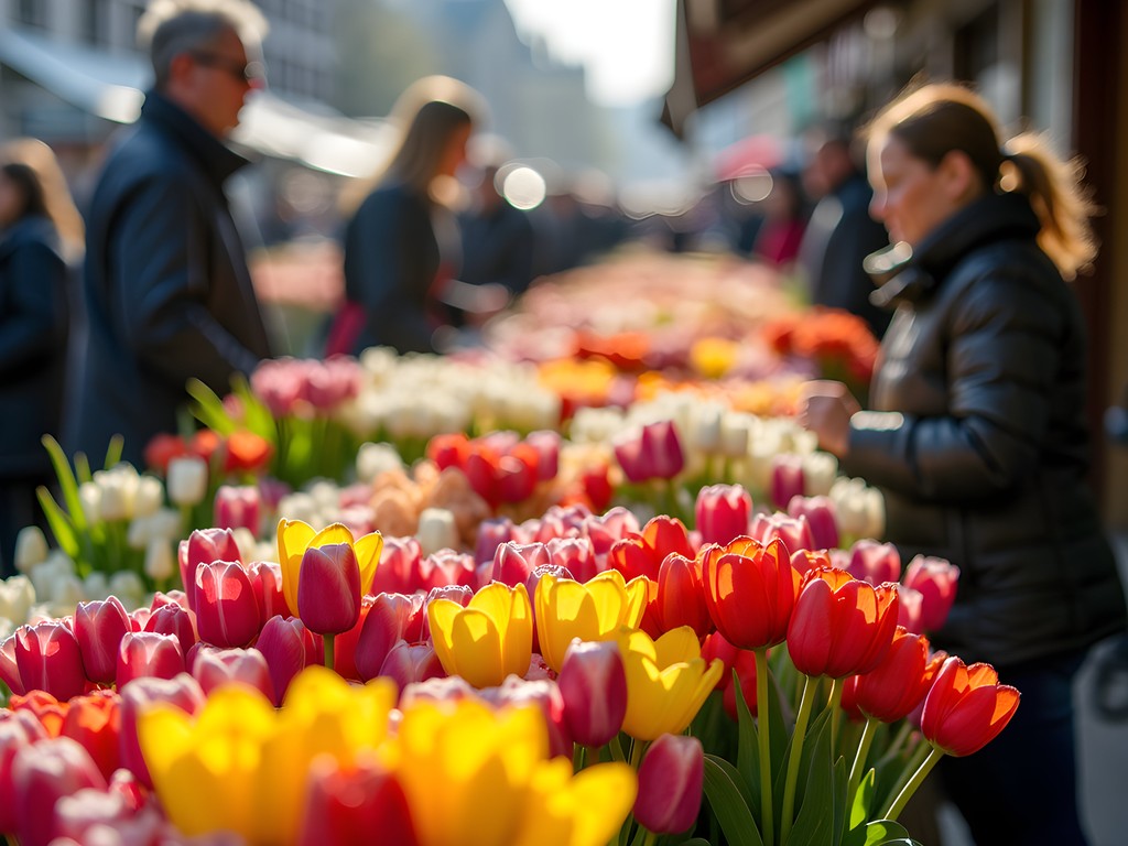 Colorful flower stalls at Albert Cuyp Market in Amsterdam during spring