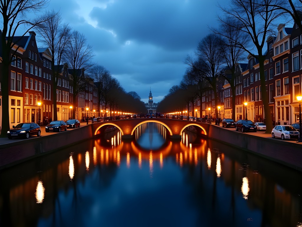Evening view of Amsterdam canal with illuminated bridges and historic houses