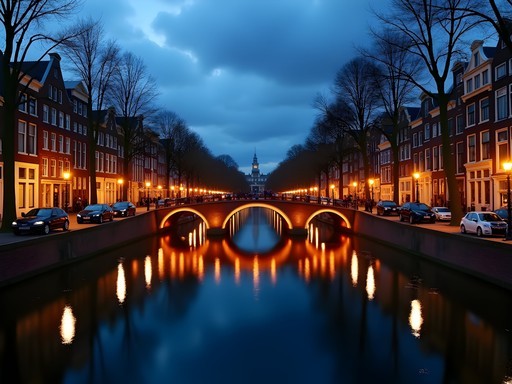 Evening view of Amsterdam canal with illuminated bridges and historic houses