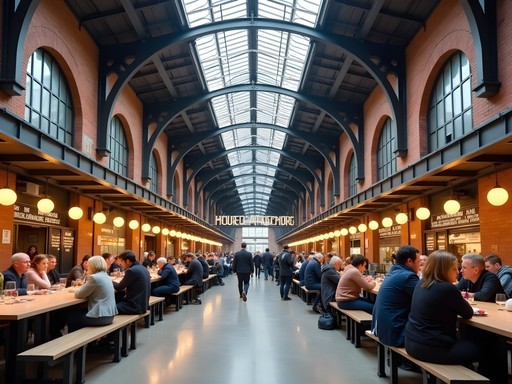 Interior of Foodhallen Amsterdam showing industrial architecture and food stalls