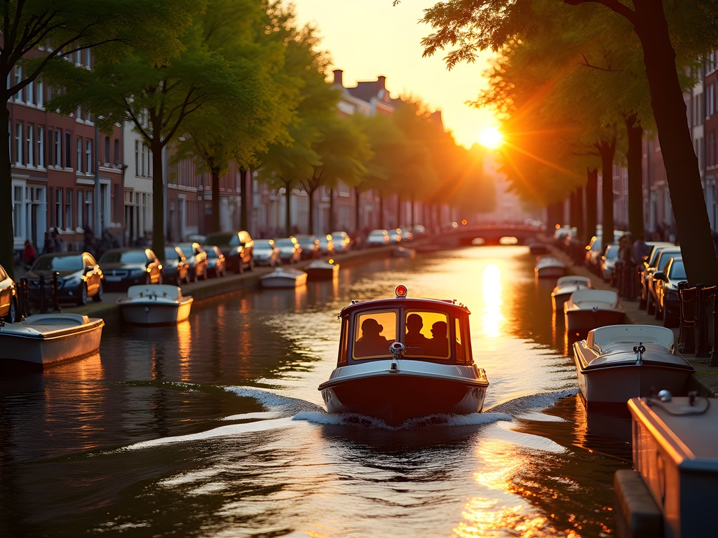Couple enjoying private sunset canal cruise in Amsterdam with historic buildings in golden light