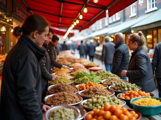 Diverse food options at Albert Cuypmarkt in Amsterdam's De Pijp neighborhood