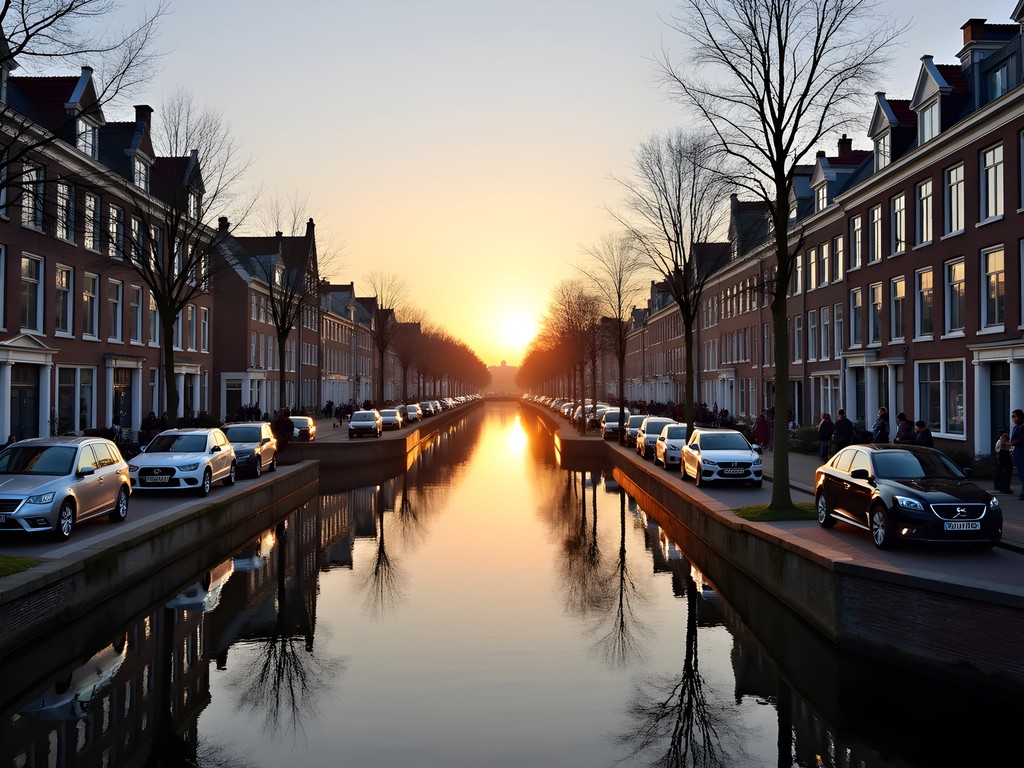 Early morning light on Java Island's modern canal houses in Amsterdam