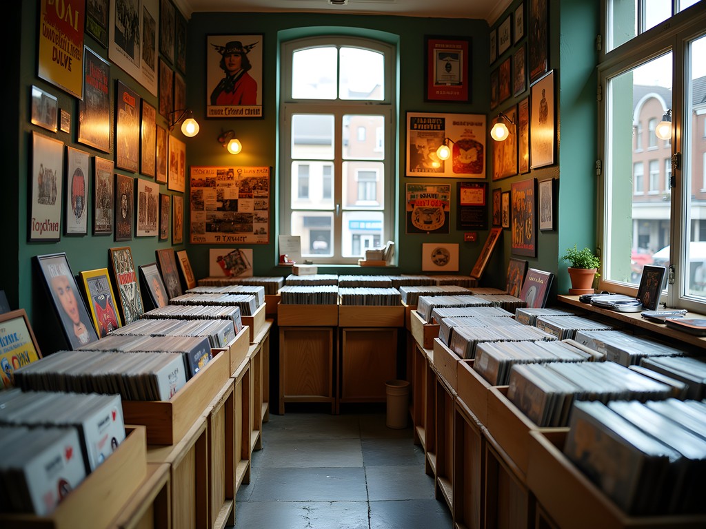 Man browsing vinyl records in a cozy Amsterdam record shop