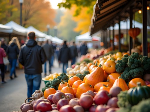 Vibrant fall produce display at Kerrytown Farmers Market with colorful squash varieties and apples