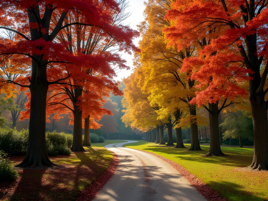 Winding path through Nichols Arboretum with brilliant autumn foliage in red, orange and gold