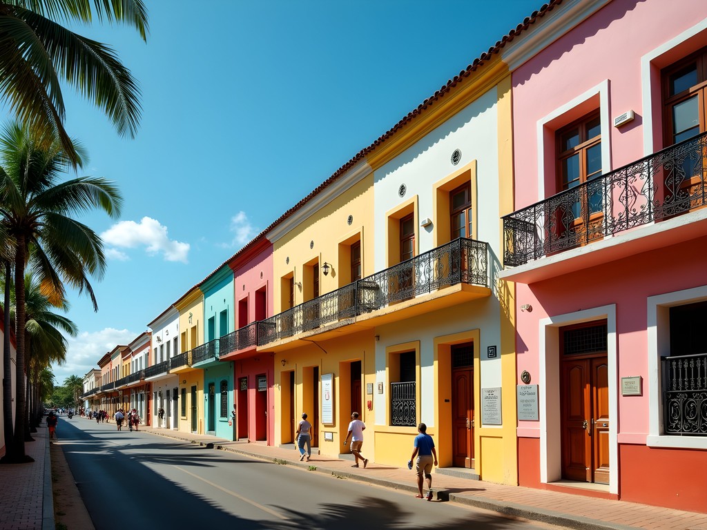 Colorful French colonial buildings in downtown Antsiranana with palm trees