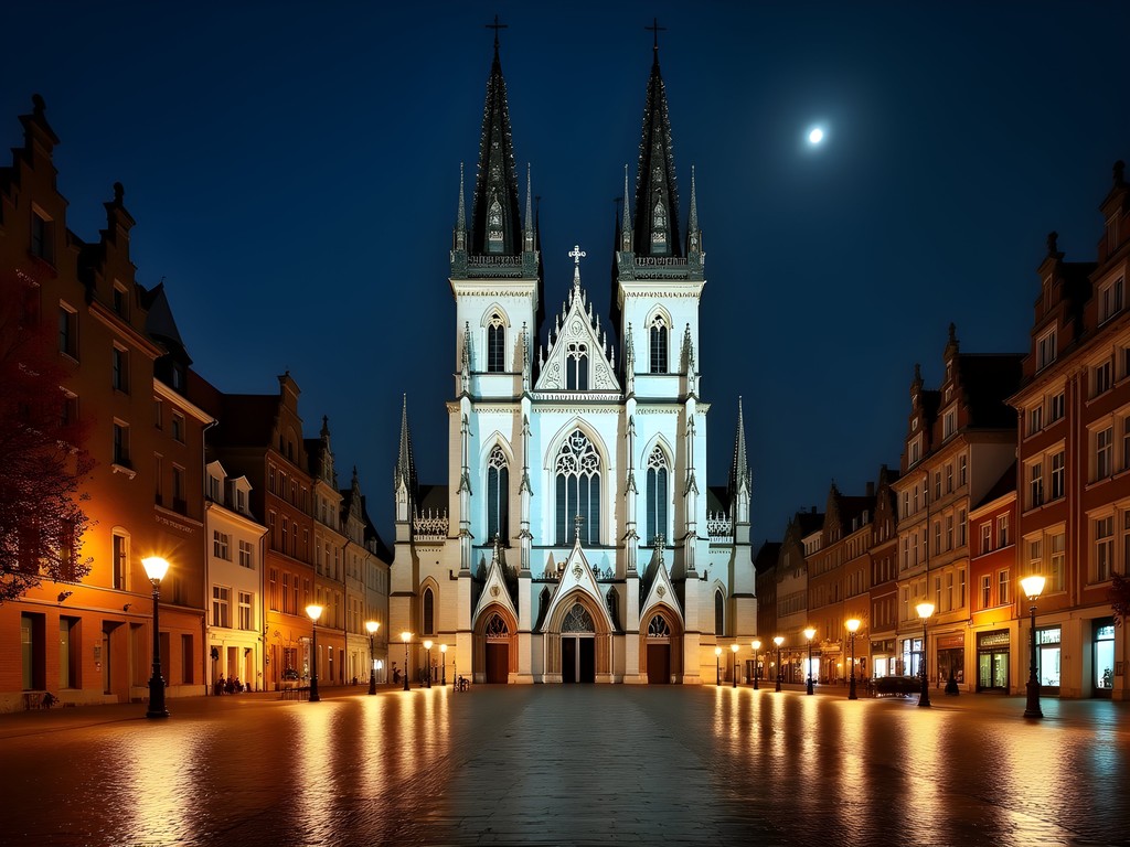 Antwerp's Cathedral of Our Lady illuminated against the night sky in autumn
