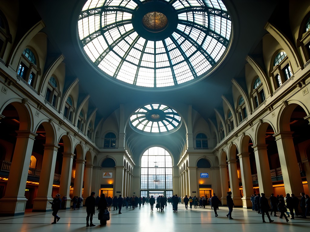 Sunlight streaming through the grand dome of Antwerp's Central Station in autumn