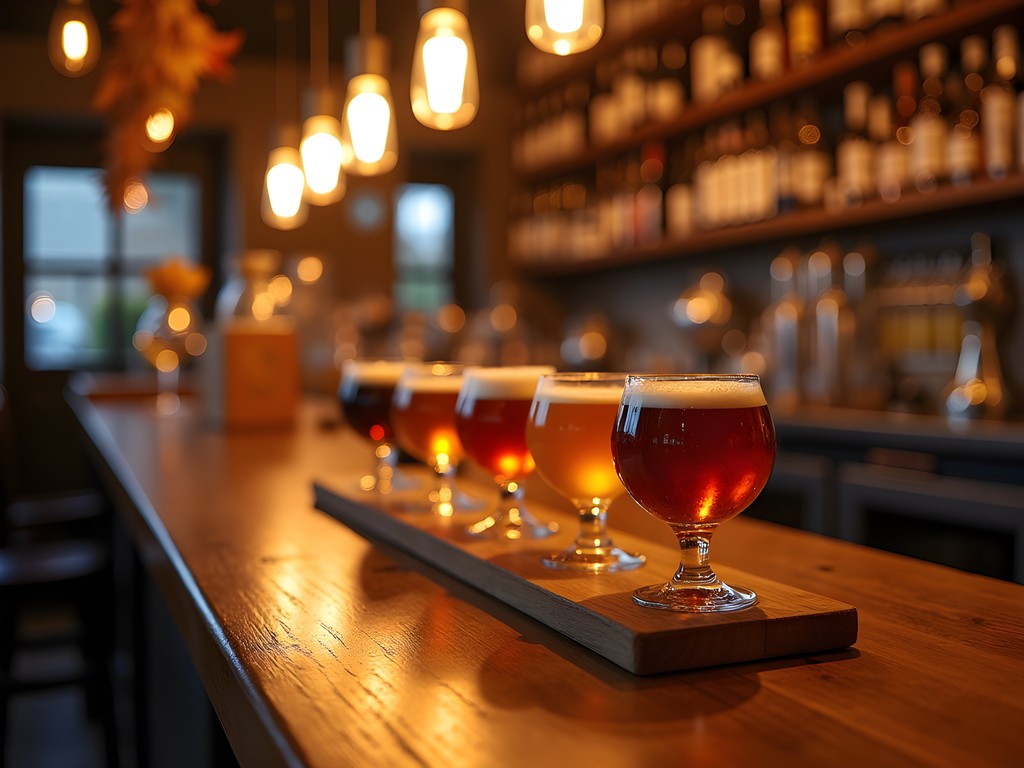 Traditional Belgian beer tasting setup at a cozy Antwerp brewery with autumn decorations