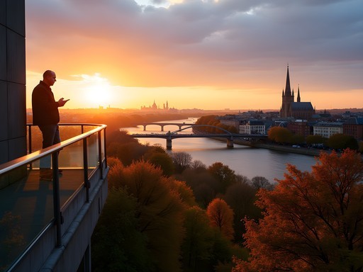 Panoramic sunset view of Antwerp from the MAS Museum rooftop in autumn