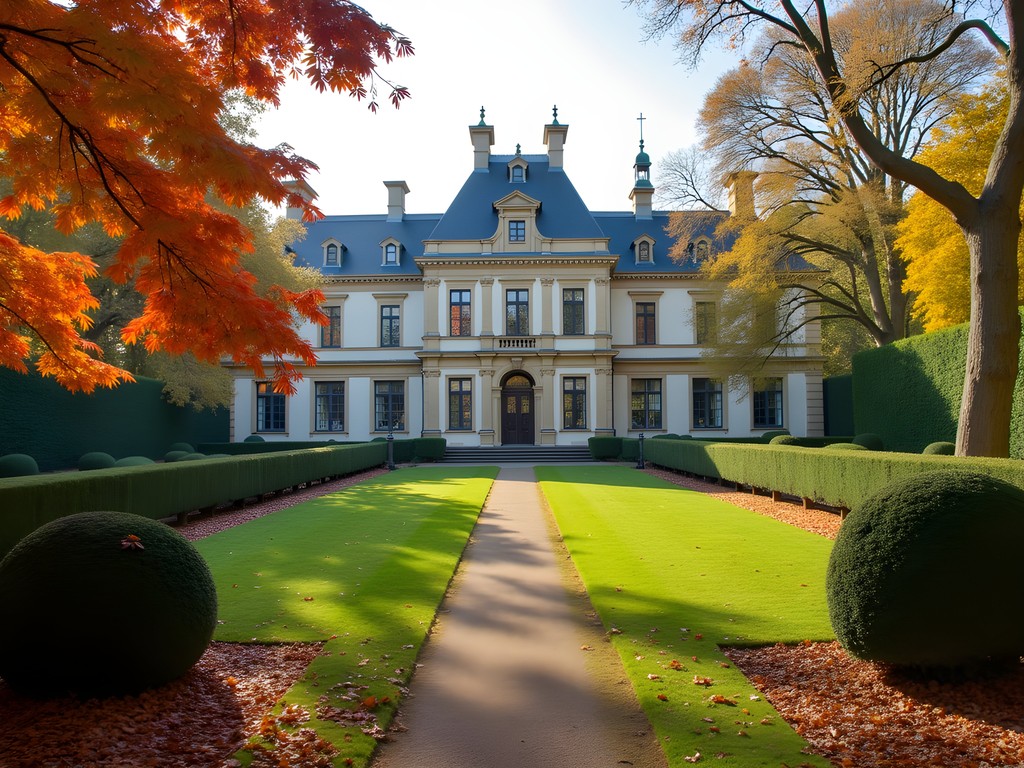 The garden of Rubenshuis museum in Antwerp during fall with colorful autumn leaves