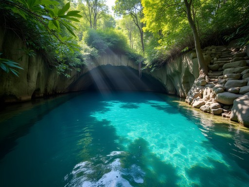 Crystal clear freshwater at Piula Cave Pool with sunlight filtering through trees in Samoa