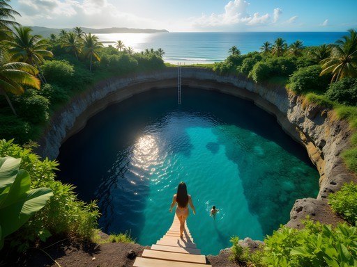 The famous wooden ladder descending into the turquoise waters of To Sua Ocean Trench in Samoa