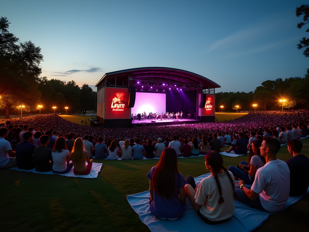 Evening outdoor concert at Levitt Pavilion Arlington with families enjoying music