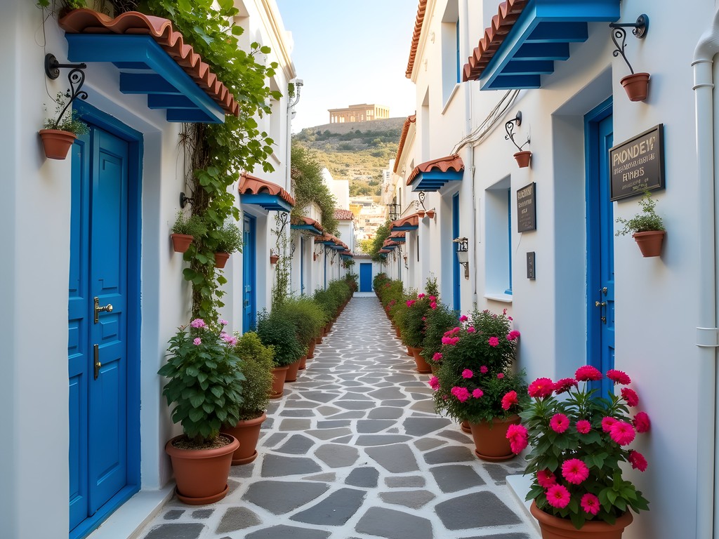 White-washed streets of Anafiotika neighborhood beneath the Acropolis