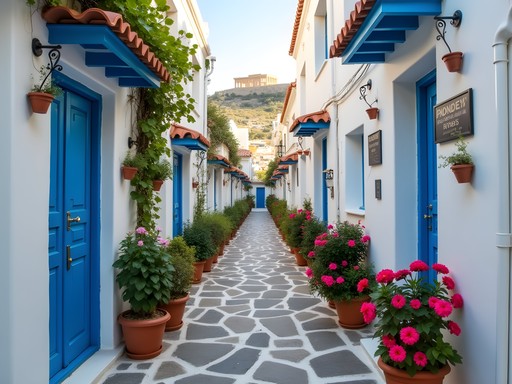 White-washed streets of Anafiotika neighborhood beneath the Acropolis