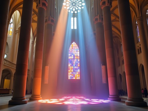 Colorful light streaming through Sagrada Família stained glass windows