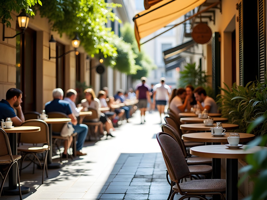 Mediterranean café terrace with people watching and coffee