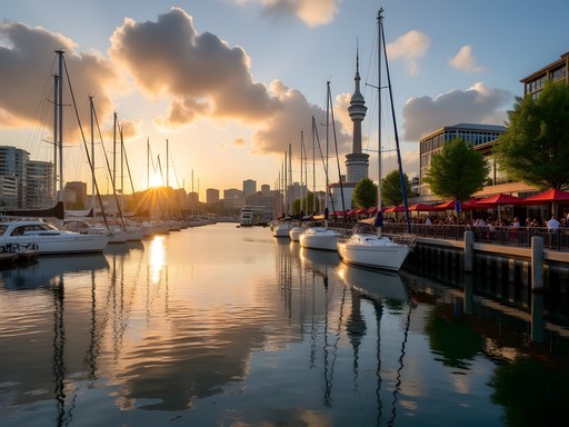 Auckland Viaduct Harbor at sunset with boats and city skyline
