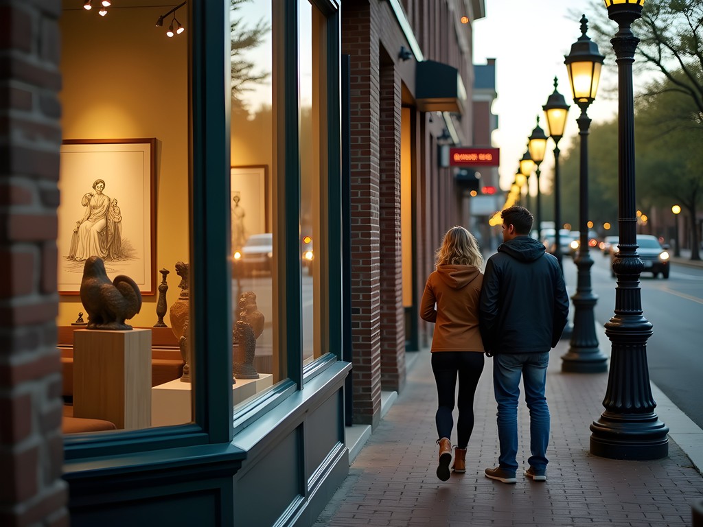 Couple browsing art galleries on Artists' Row in historic buildings along Broad Street, Augusta