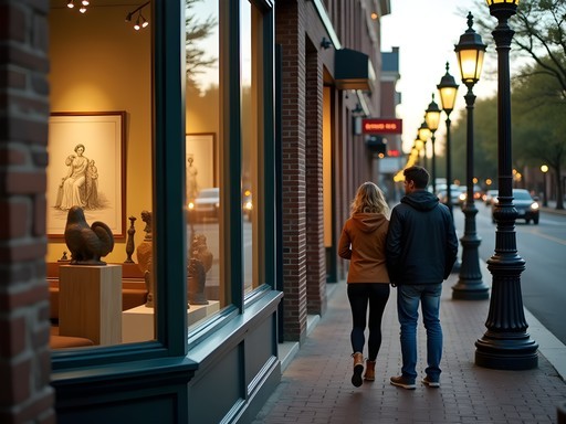 Couple browsing art galleries on Artists' Row in historic buildings along Broad Street, Augusta