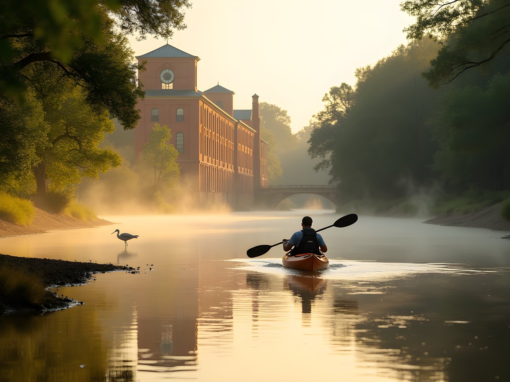 Early morning kayaking on Augusta Canal with mist rising from water and historic mills in background