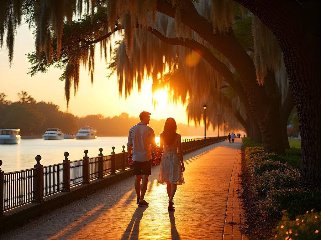 Sunset view of Augusta Riverwalk with couples strolling along the Savannah River