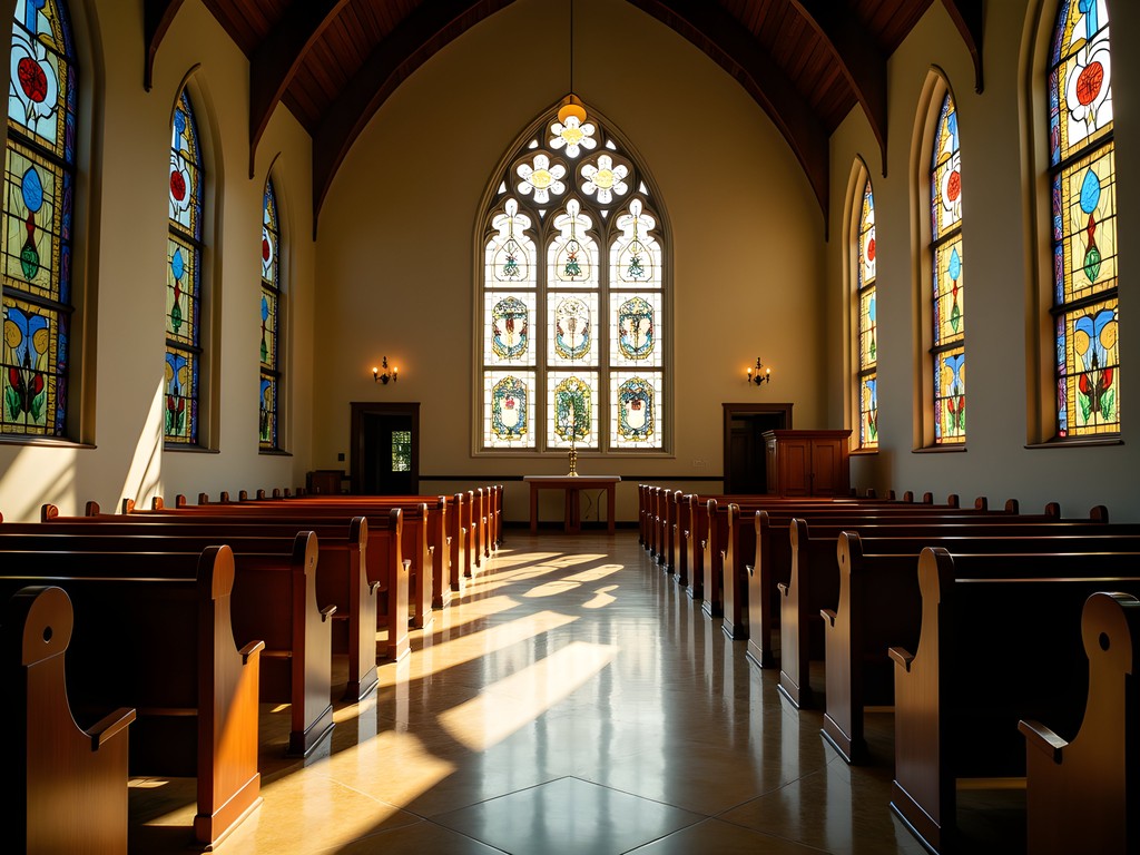 Stained glass windows casting colorful light patterns inside Sacred Heart Cultural Center in Augusta