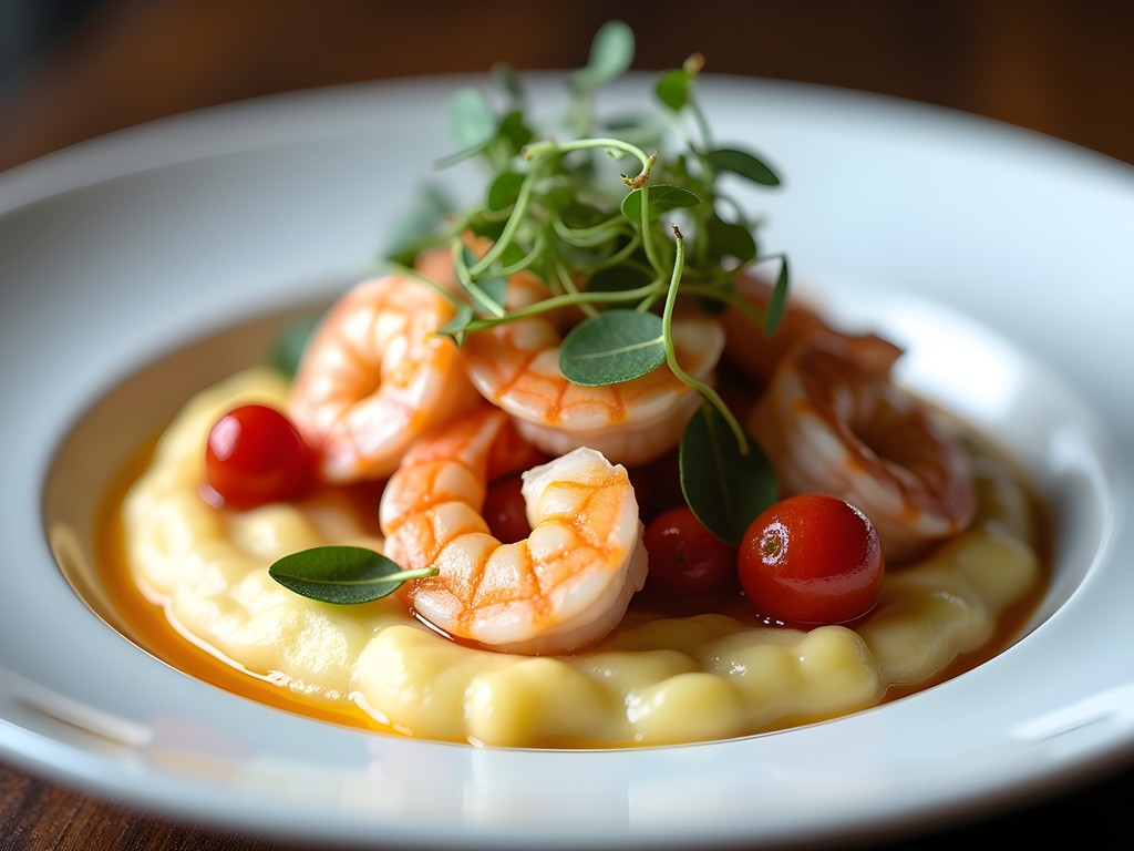 Elegantly plated shrimp and grits with roasted tomatoes at Frog Hollow Tavern in Augusta