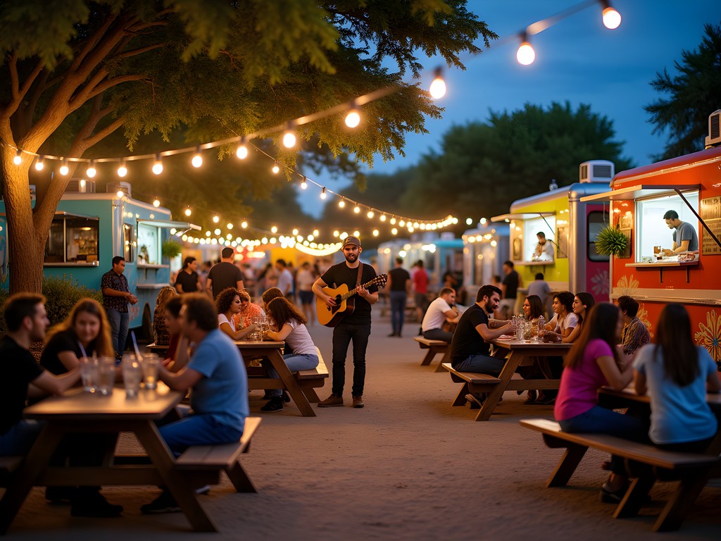 Food trucks and outdoor seating area with string lights and live musician at an Austin food truck park
