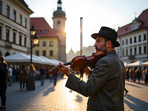 Street musician playing violin in Brno's historic old town square with medieval architecture