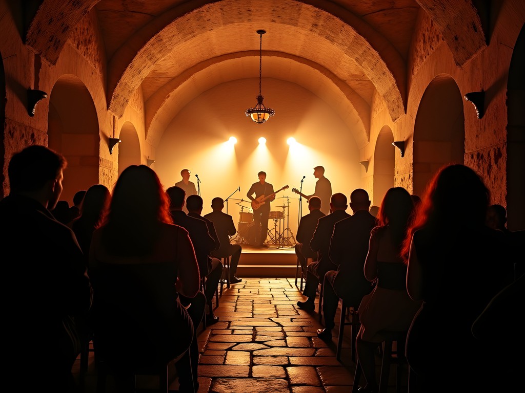 Atmospheric jazz performance in a medieval stone cellar venue in Brno