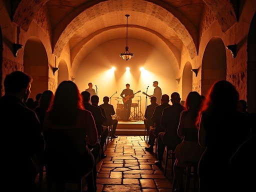 Atmospheric jazz performance in a medieval stone cellar venue in Brno