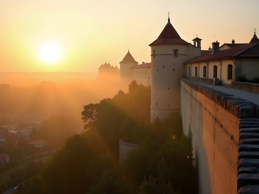 Early morning light on Avignon's medieval city walls with misty views