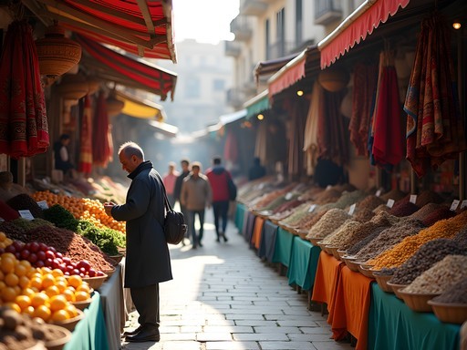 Colorful local market in Baalbek with fresh produce and textiles