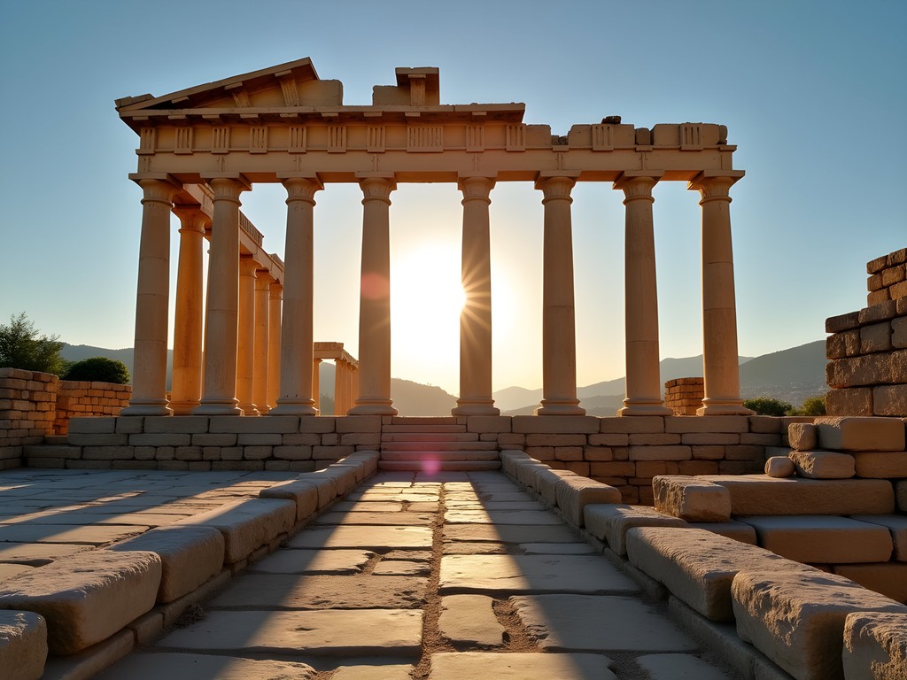 Temple of Bacchus at Baalbek archaeological site at sunrise with dramatic lighting