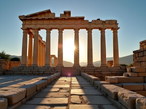 Temple of Bacchus at Baalbek archaeological site at sunrise with dramatic lighting