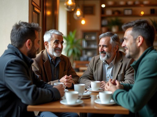 Traveler engaged in conversation with local Lebanese residents over traditional coffee