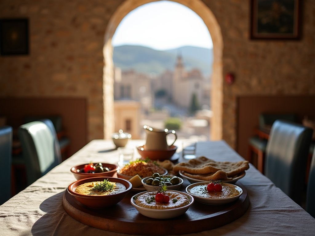 Authentic local restaurant in Baalbek town with traditional Lebanese mezze spread and view toward ancient ruins