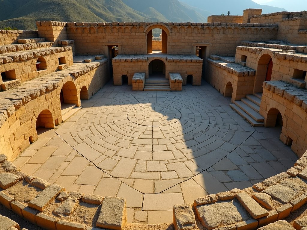 Hexagonal forecourt of Baalbek with dramatic geometric shadows cast by afternoon sun