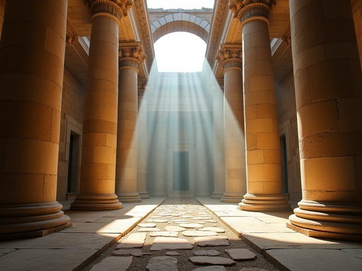 Interior of the Temple of Bacchus at Baalbek with dramatic light beams filtering through ancient columns